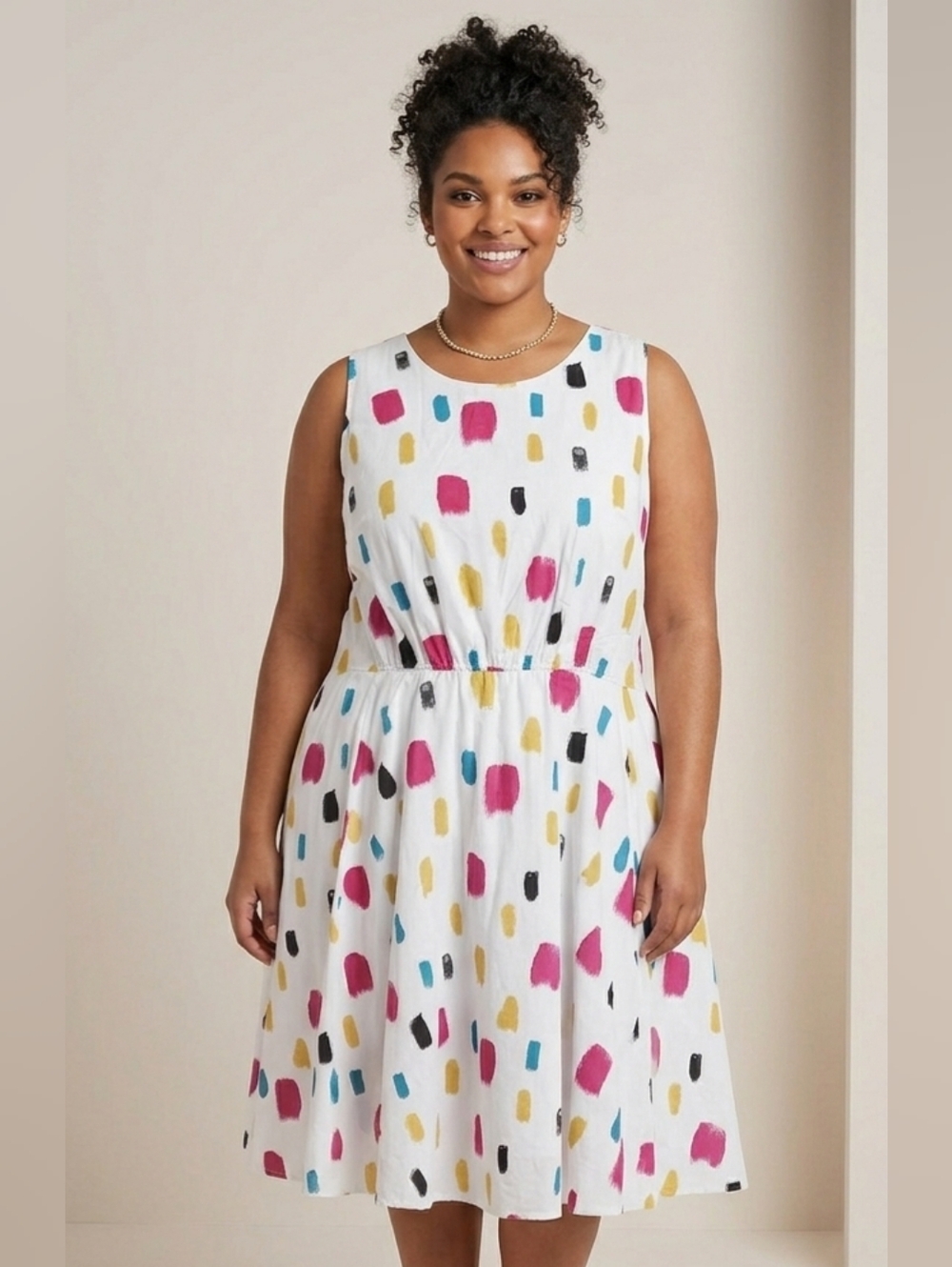 Lane Bryant White Midi Dress with Pink, Teal, Gold & Black Brushstrokes